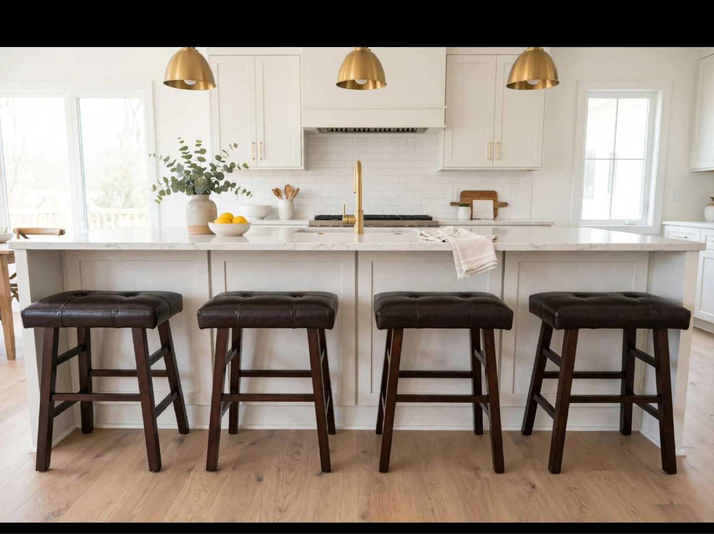 Set of 4 Tufted Leather Bar Stools