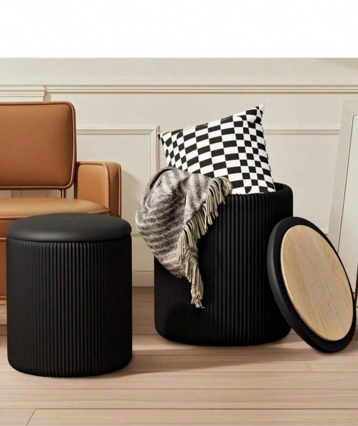 Set of 2 Black Velvet Storage Ottomans