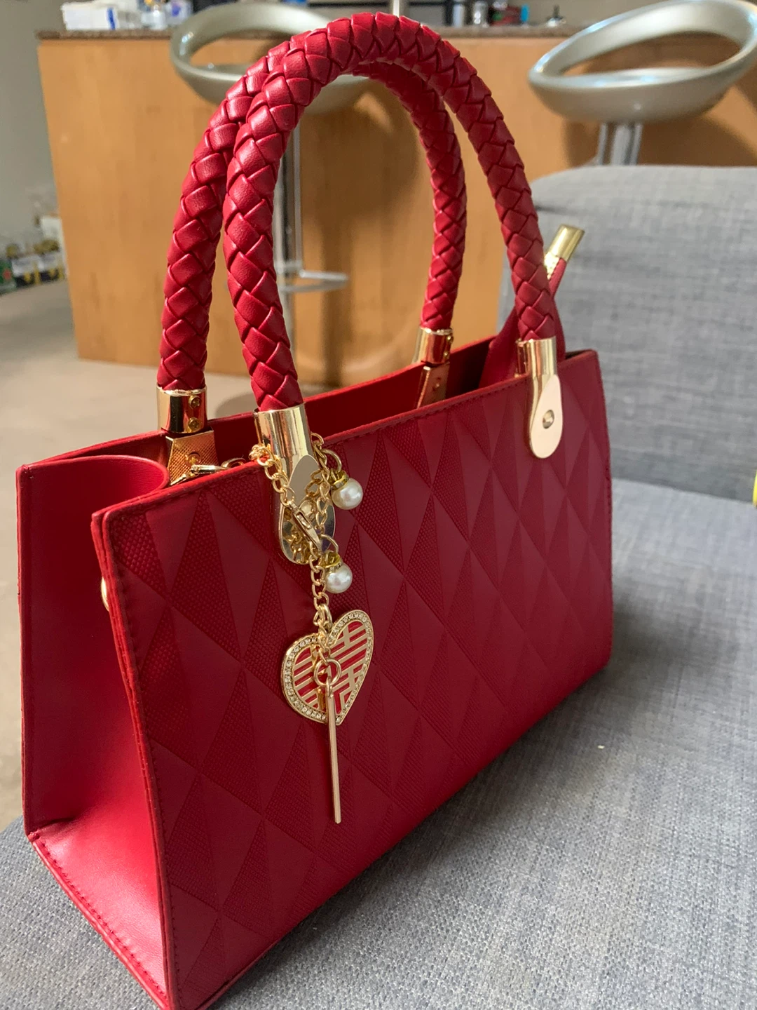 Red Textured Handbag with Heart Charm - photo 2