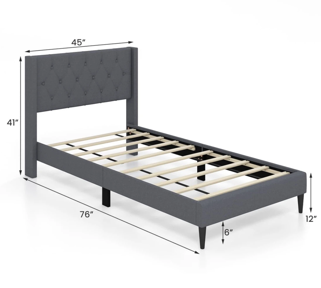 Cama Twin. Cabecera Tapizada, Gris Claro. Colchon incluido.