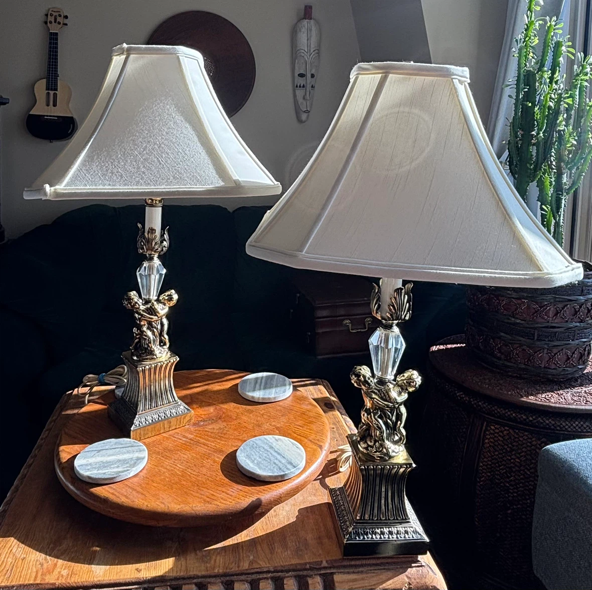Pair of Vintage Brass Cherub Lamps