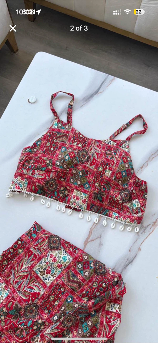Red Patterned Two-Piece Crop Top and Pant Set