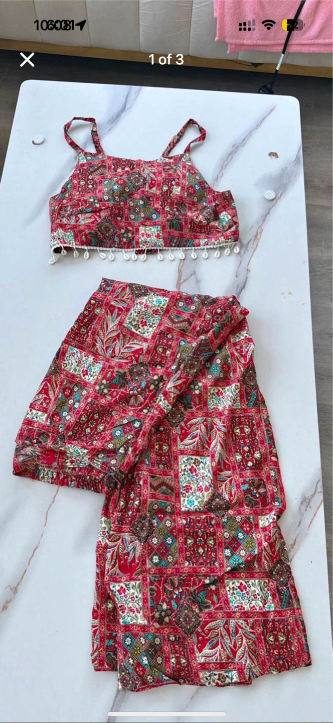 Red Patterned Two-Piece Crop Top and Pant Set - photo 2