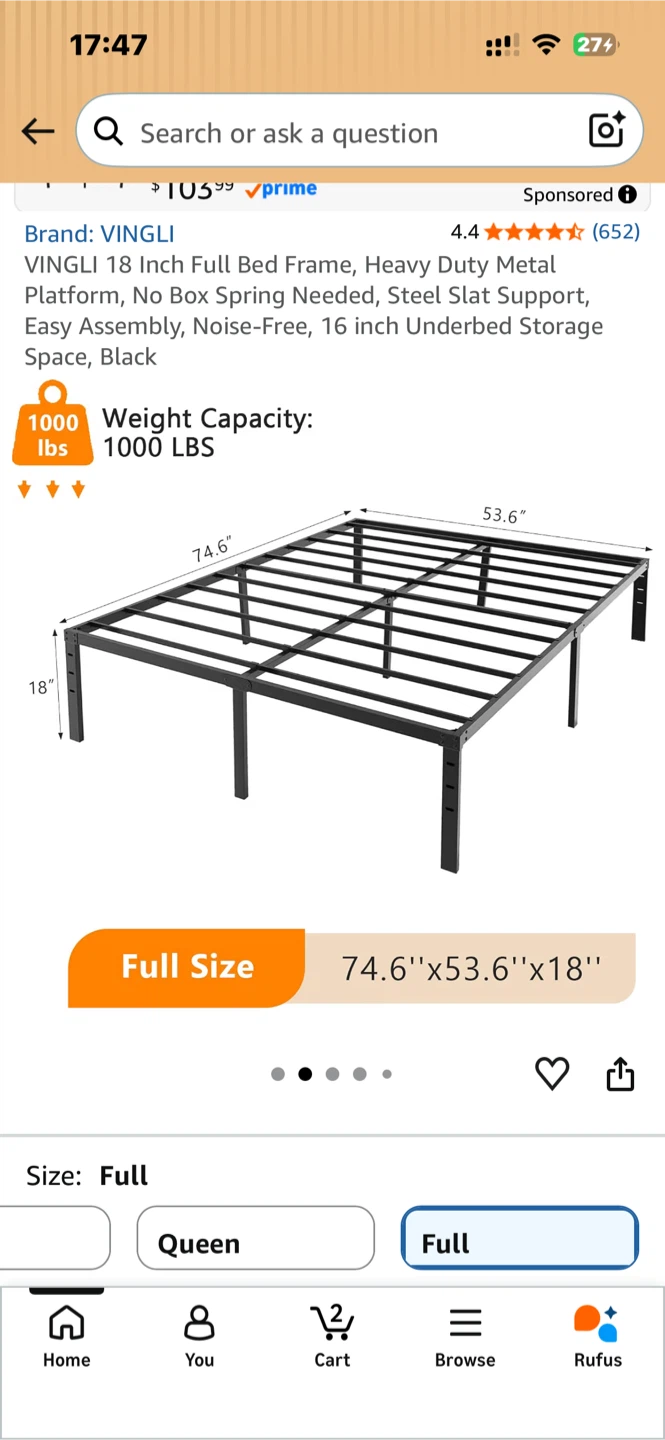 VINGLI 18 Inch Full Metal Bed Frame