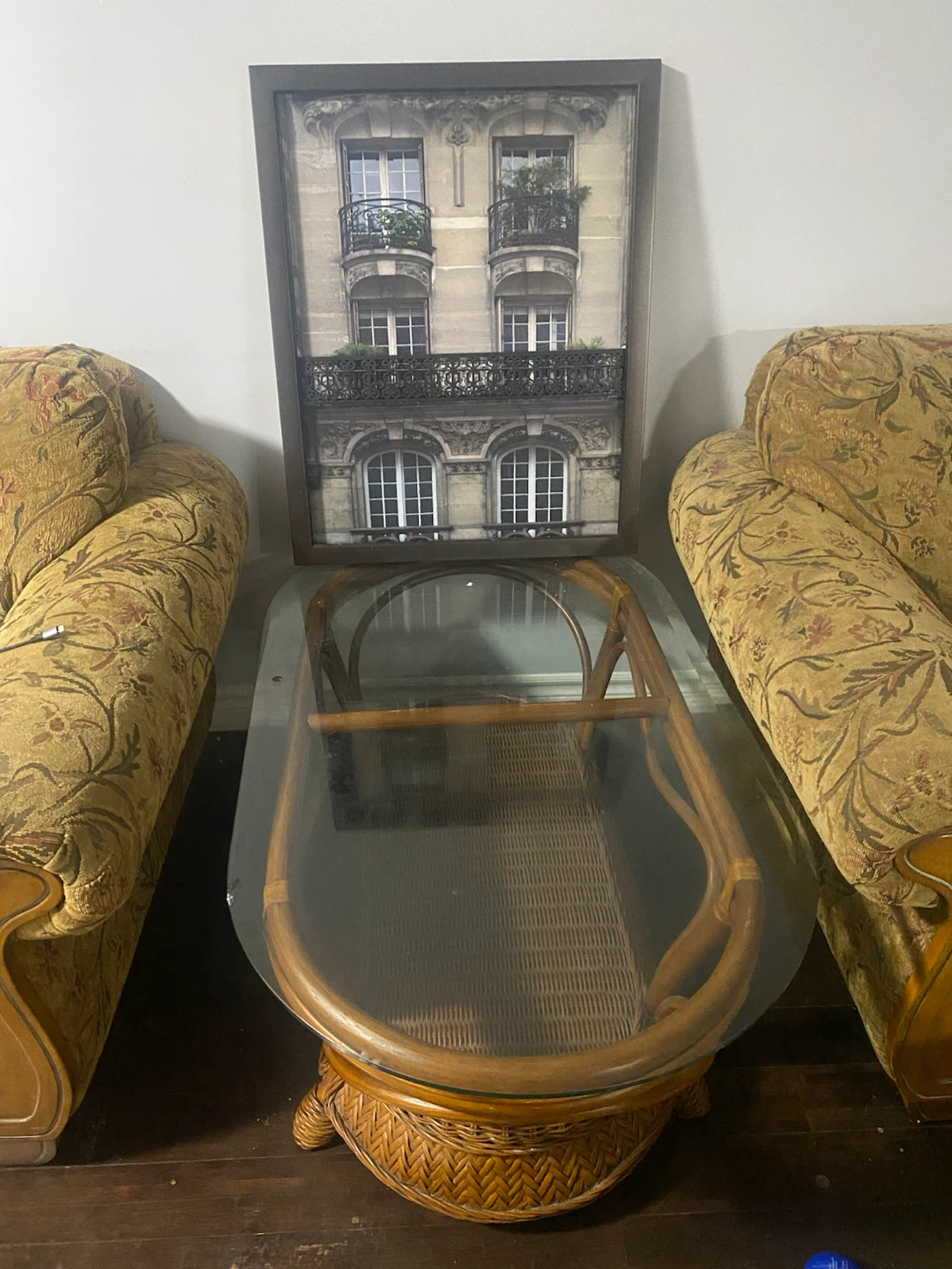Vintage Rattan Glass Coffee Table & Wall Art Set