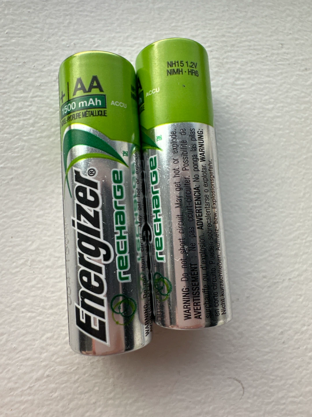 Two Energizer Recharge AA 1500 mAh Batteries