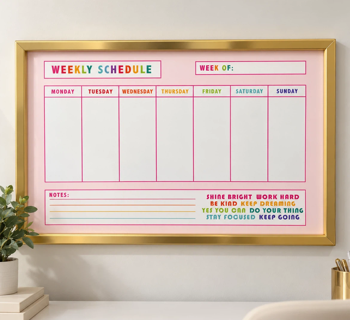 Weekly Schedule Magnetic Dry Erase Board with Gold Frame &