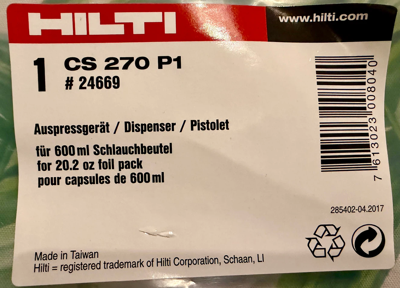 Hilti CS 270 P1 Manual Dispenser 600ml (20.2 oz) – Brand New - photo 2