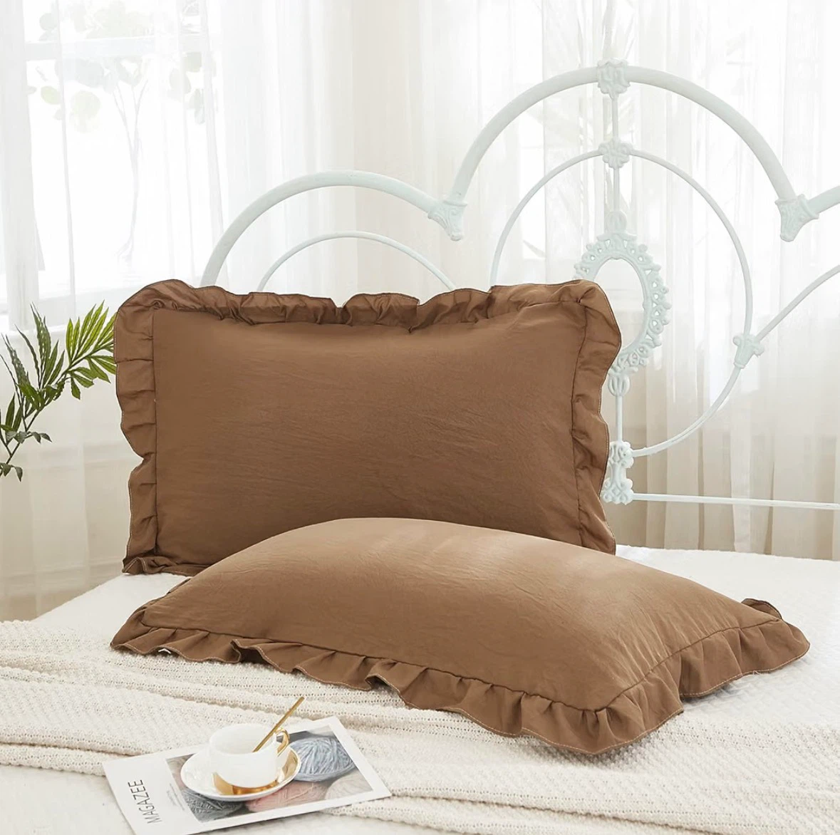 Set of Two Brown Ruffled Queen Pillowcases