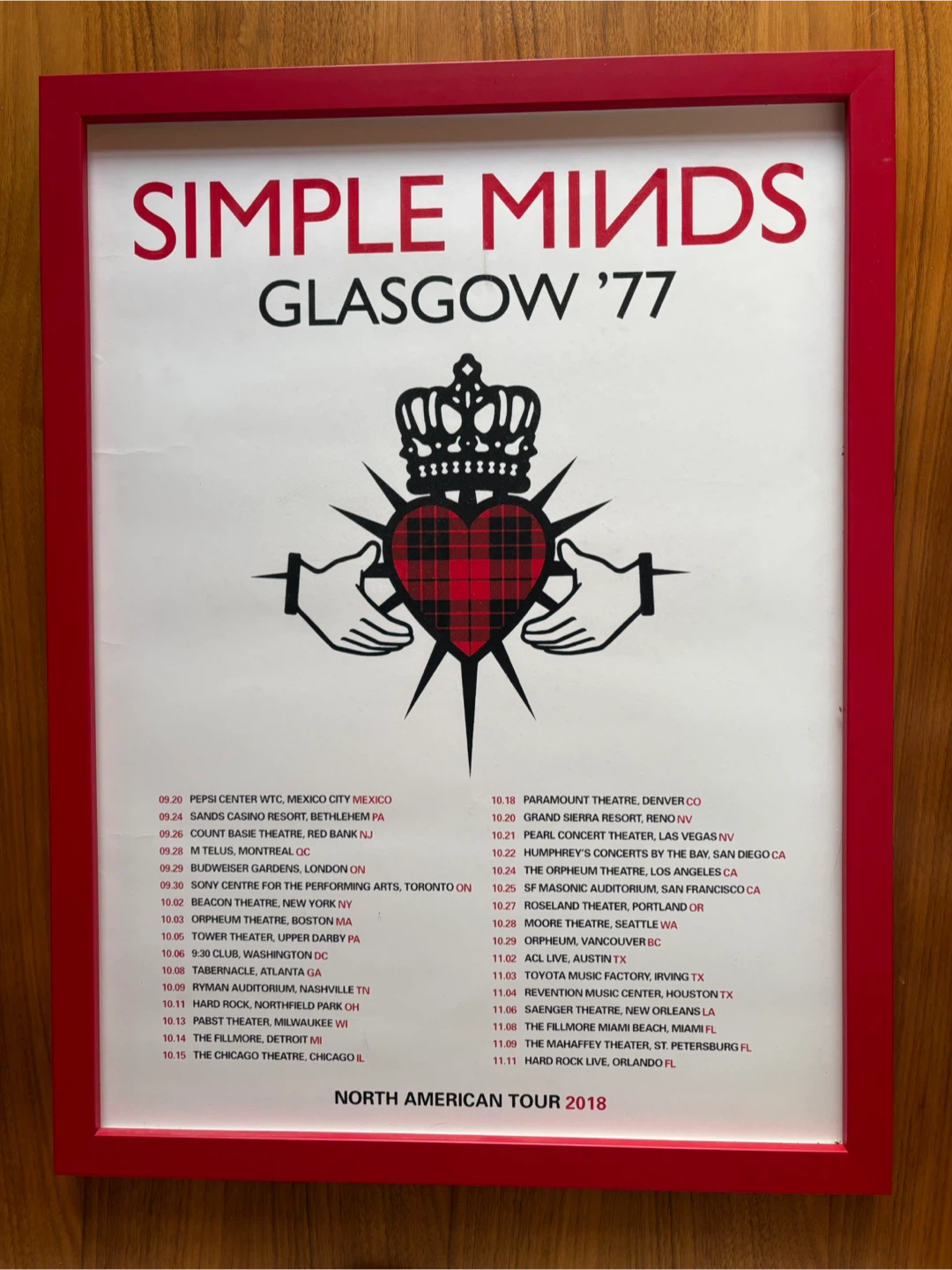 Framed Simple Minds 2018 Tour Poster