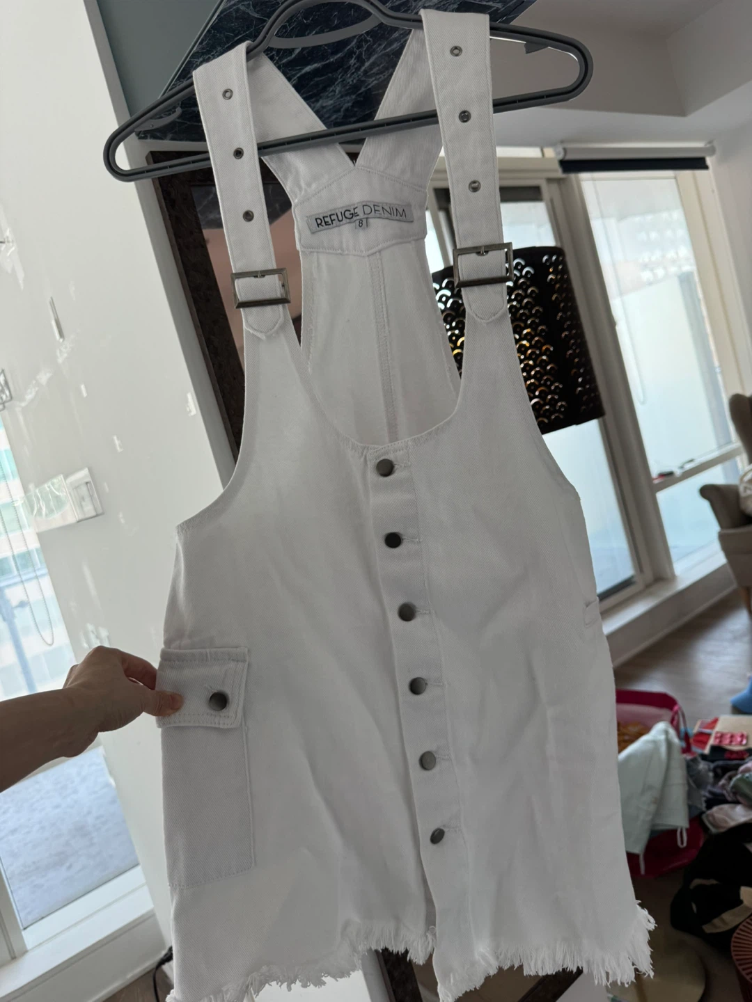Size XS designer’s Refuge Denim White Overalls Dress Size 8