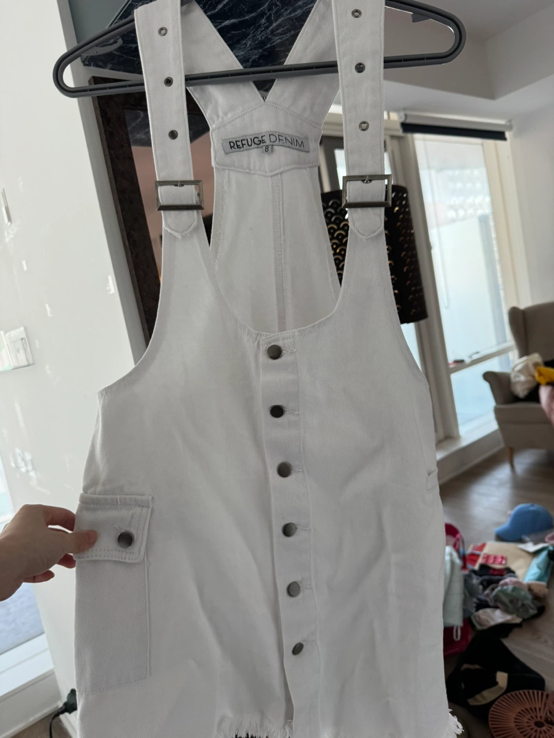 Size XS designer’s Refuge Denim White Overalls Dress Size 8 - photo 2