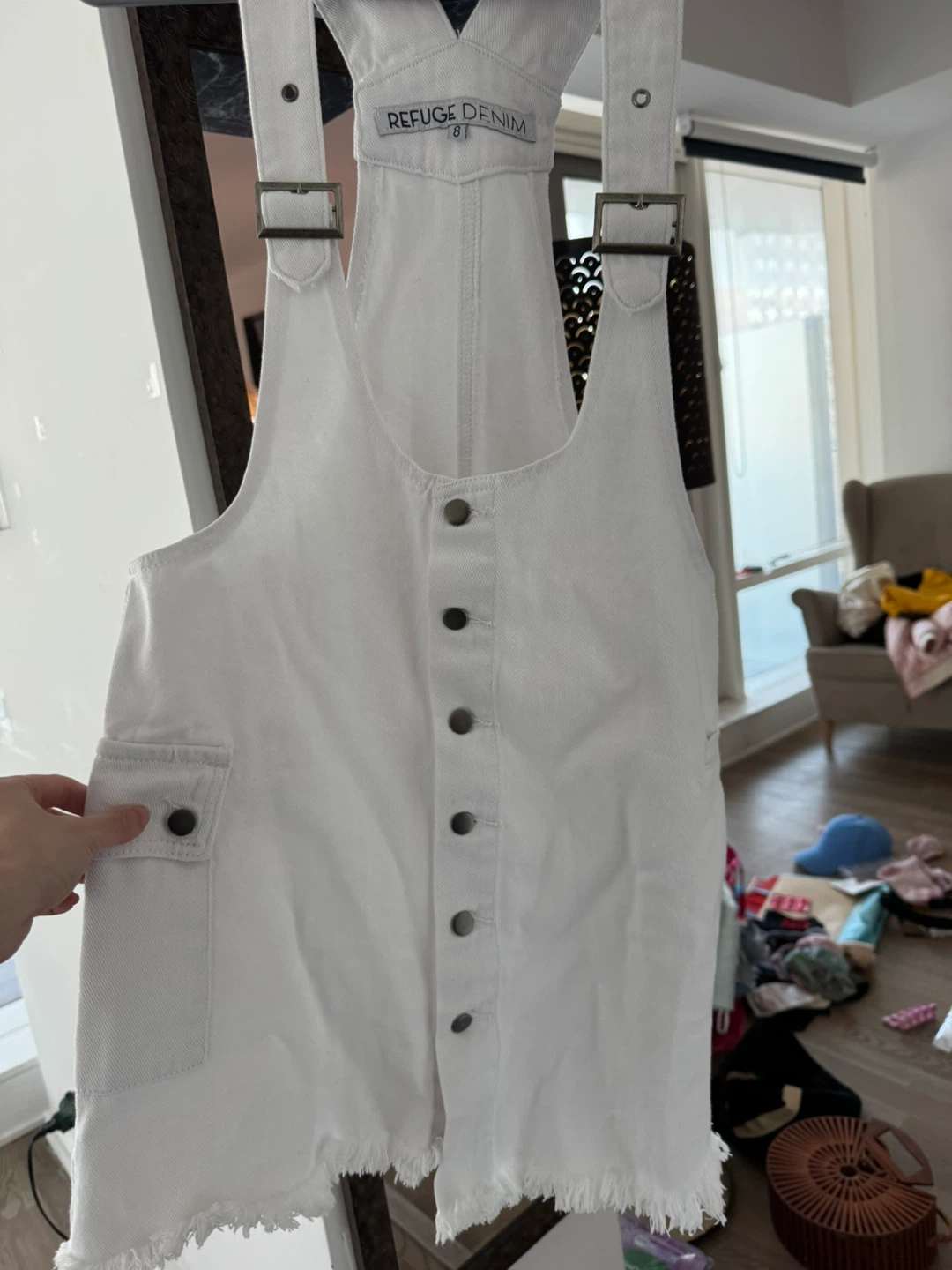 Size XS designer’s Refuge Denim White Overalls Dress Size 8 - photo 3