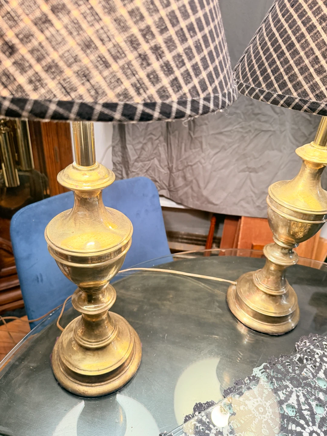 Hollywood Regency Lamps Plaid Shades - photo 2