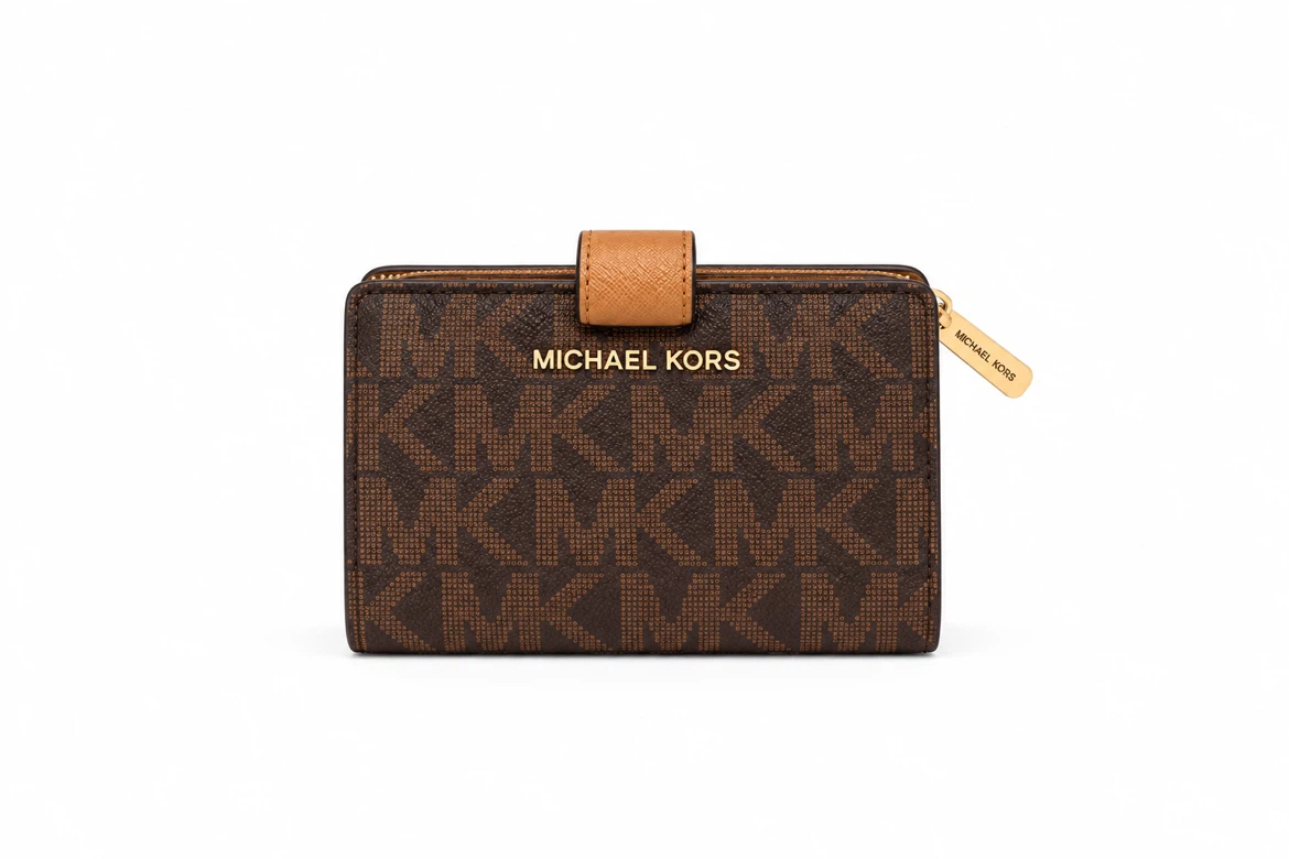 Michael Kors Brown Monogram Zip Wallet with Gold Hardware