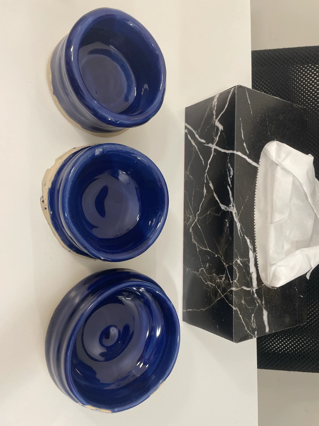 Three Handmade Blue Ceramic Bowls