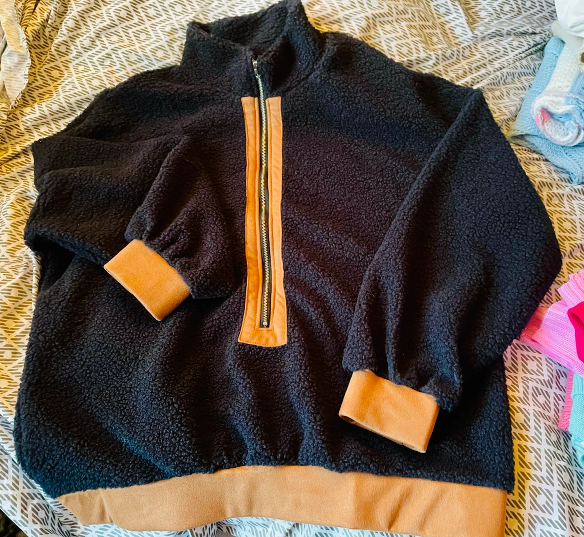 Black and Brown Fleece Quarter-Zip Pullover