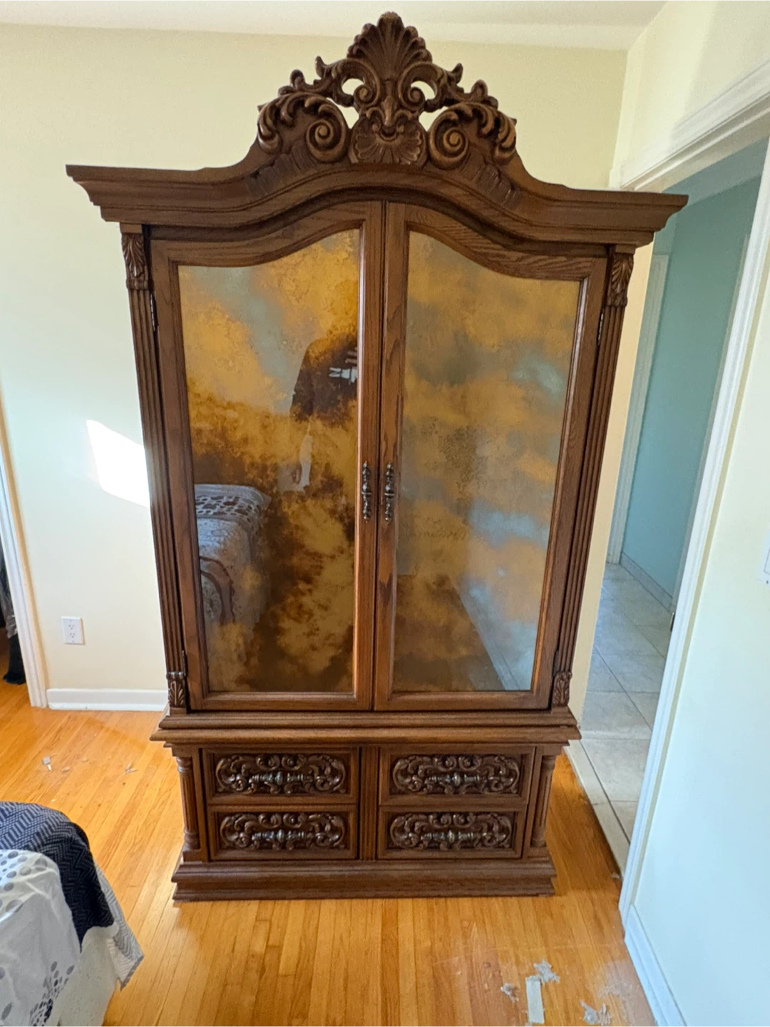 Free delivery used Vintage Ornate Wooden Armoire with Mirror - photo 3