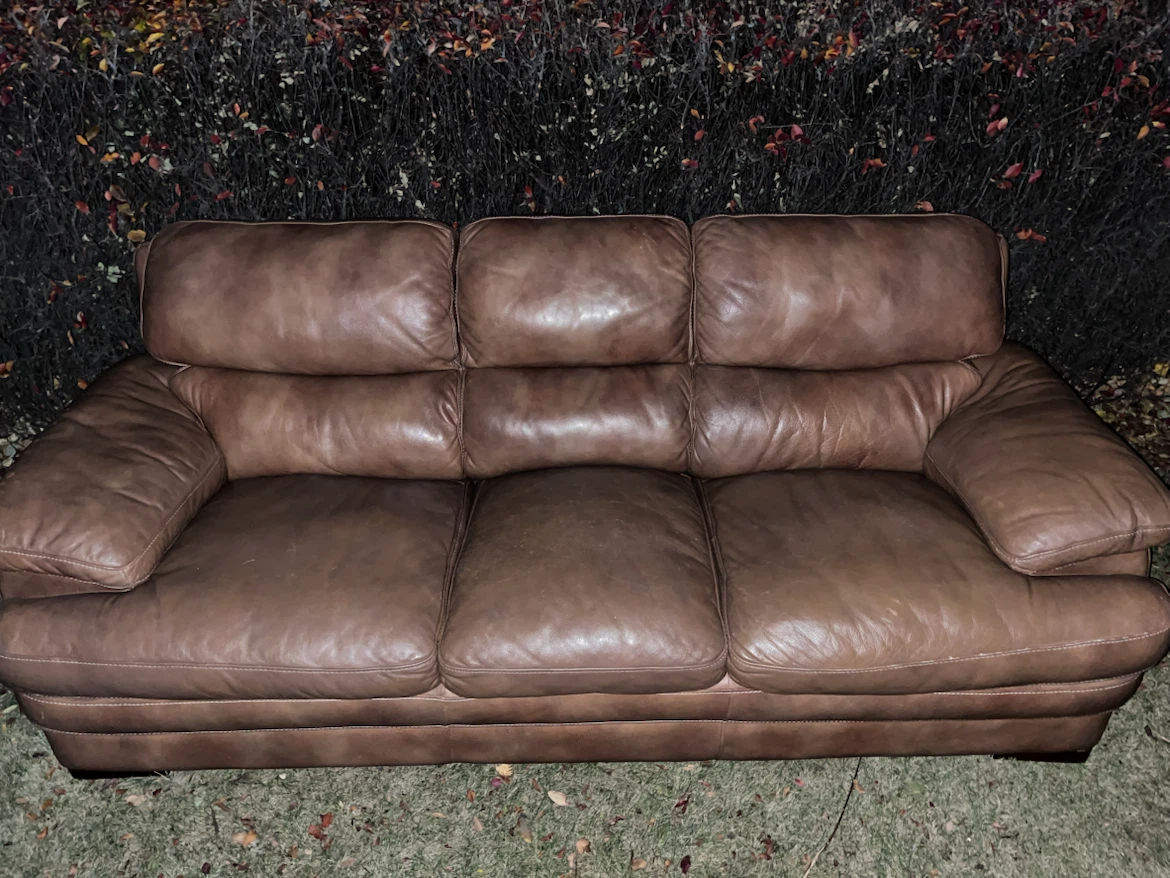 FREE: FCFS Brown Leather Three-Seater Sofa