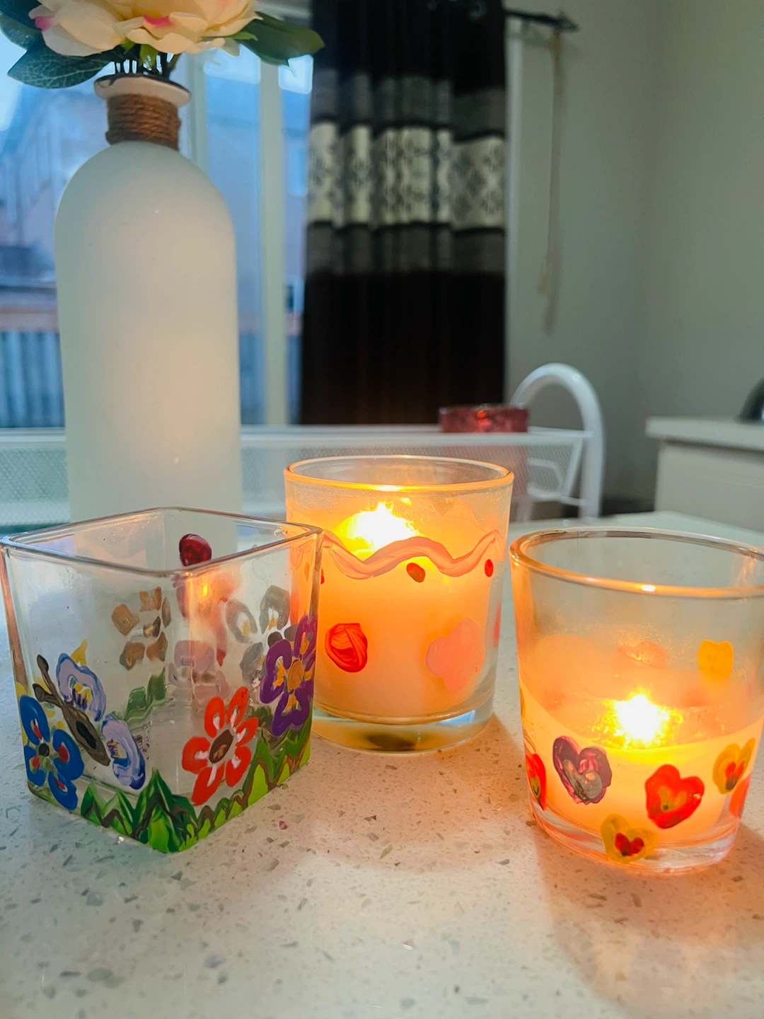 Set of Three Hand-Painted Glass Candle Holders