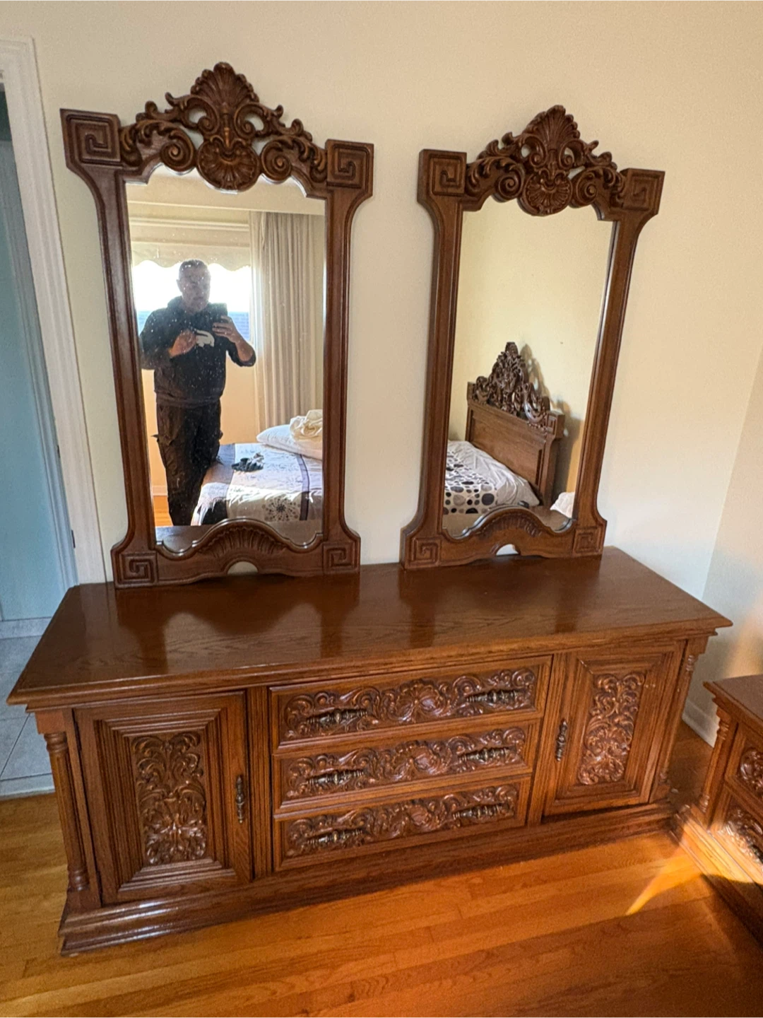 Free delivery used Ornate Wooden Dresser with Dual Mirrors