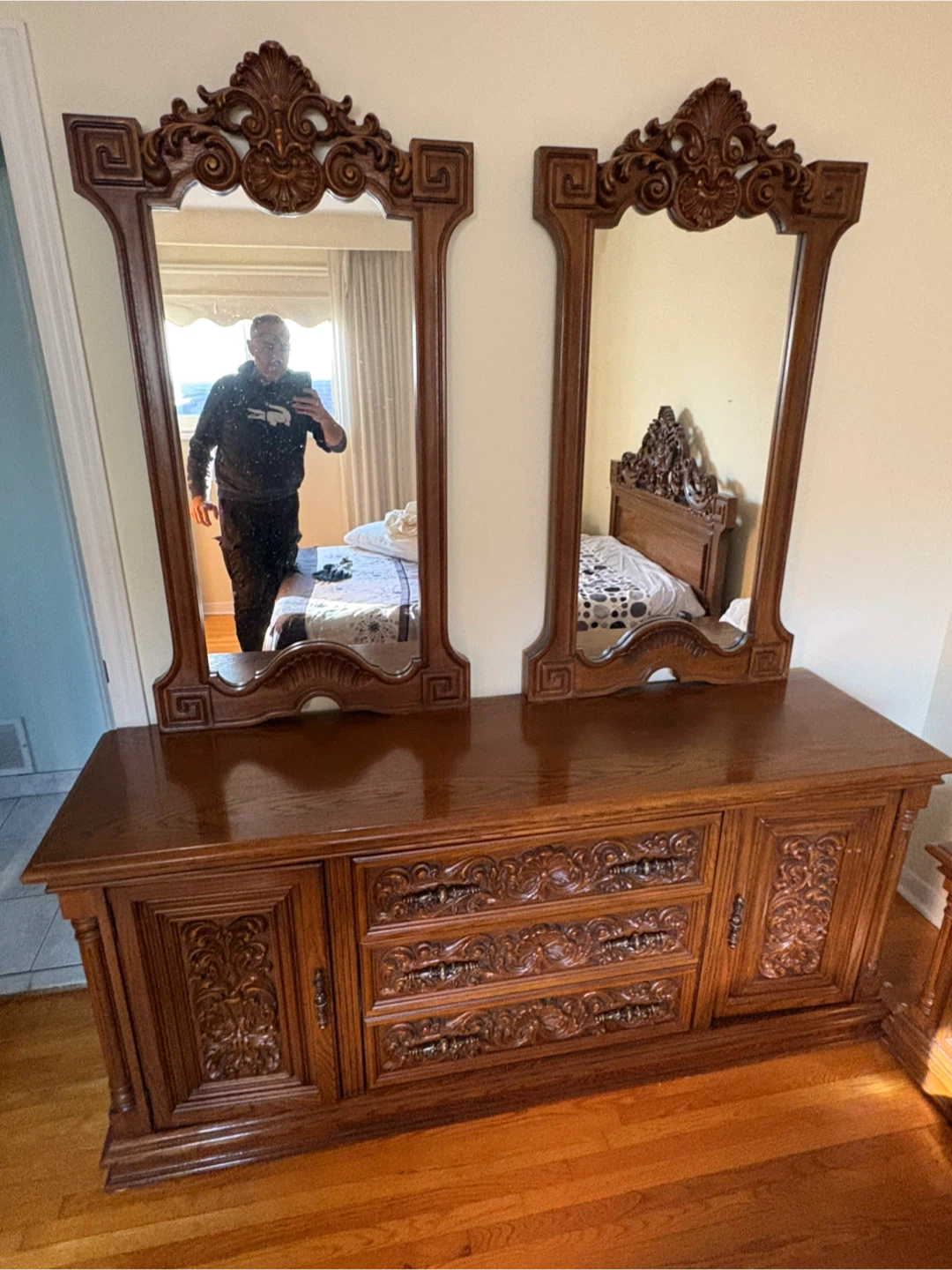 Free delivery used Ornate Wooden Dresser with Dual Mirrors - photo 2