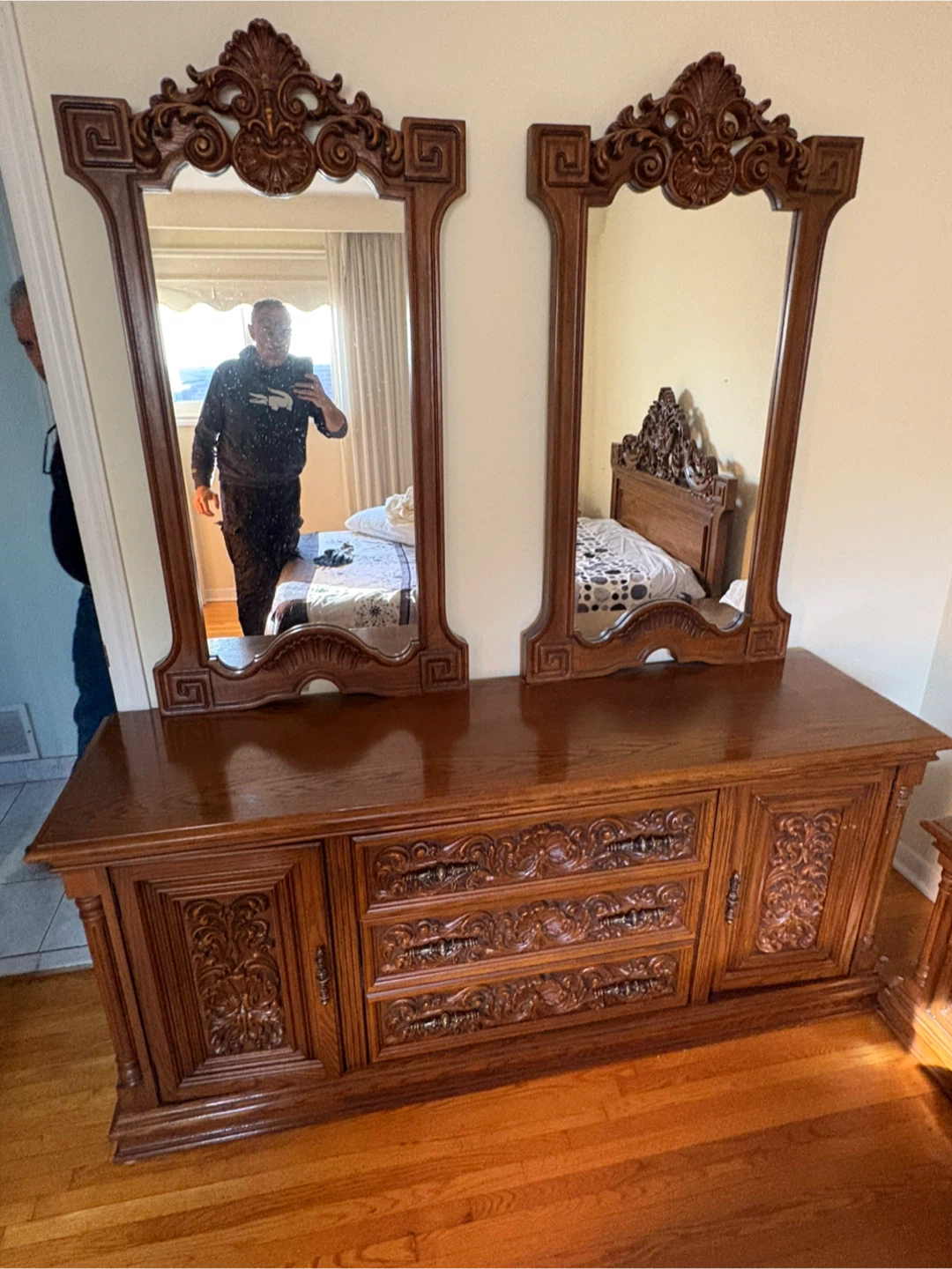 Free delivery used Ornate Wooden Dresser with Dual Mirrors - photo 3