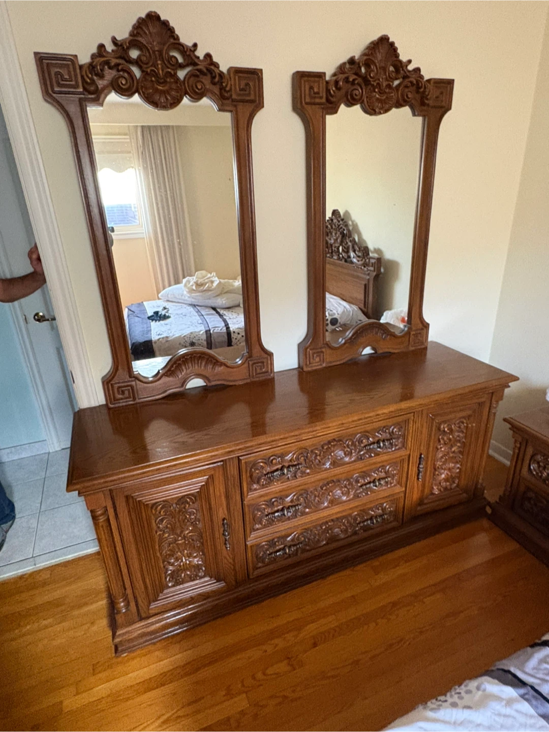 Free delivery used Ornate Wooden Dresser with Dual Mirrors - photo 5