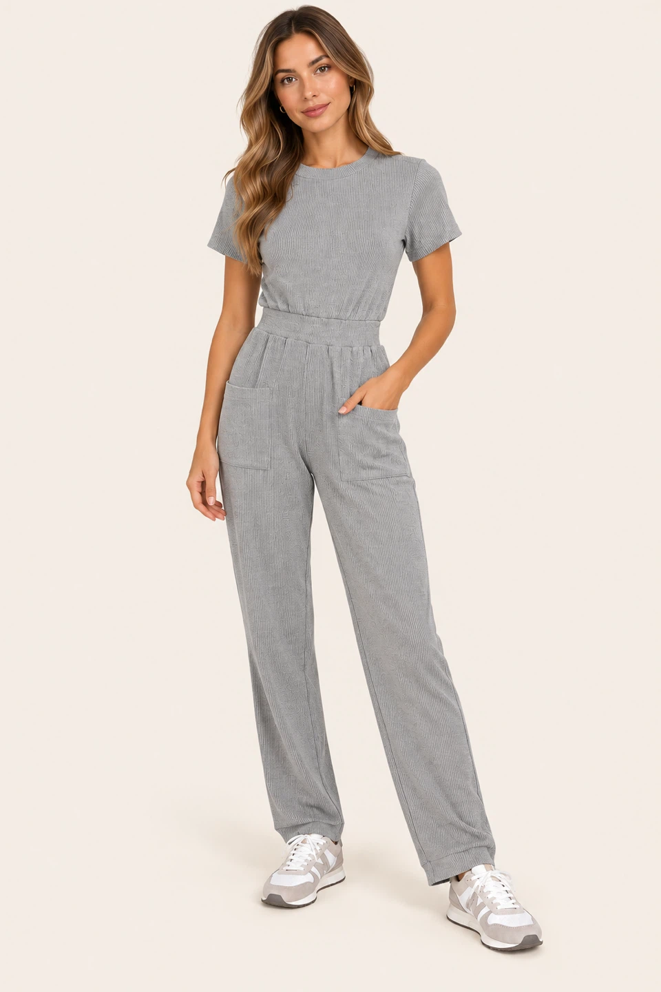 New Missguided Grey Ribbed Short Sleeve Jumpsuit XS