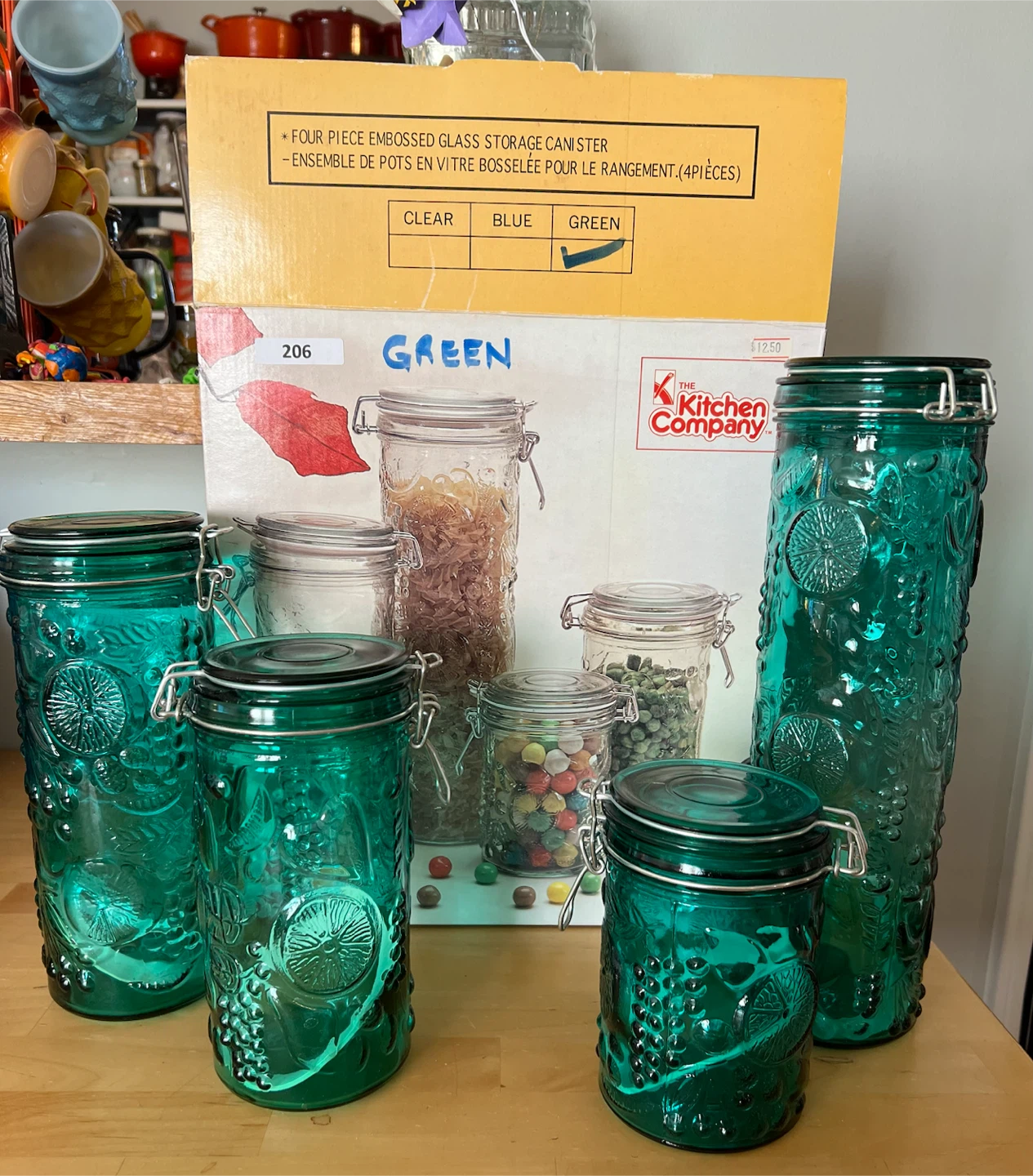 Vintage Green Glass  Embossed Canister Set NIB