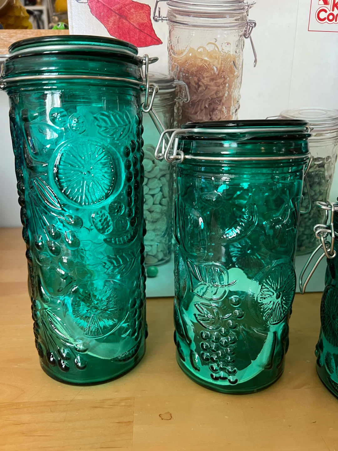 Vintage Green Glass  Embossed Canister Set NIB - photo 2