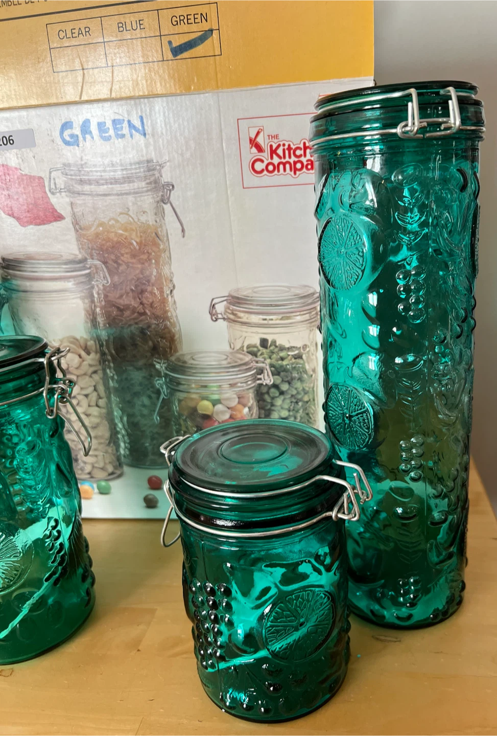 Vintage Green Glass  Embossed Canister Set NIB - photo 3