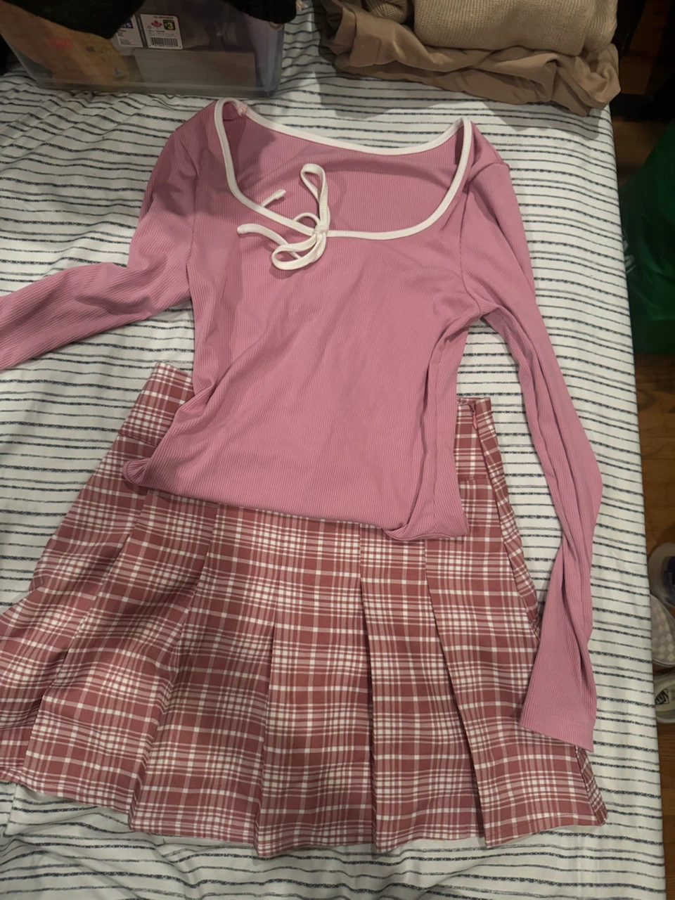 Pink Long Sleeve Top and Plaid Skirt Set