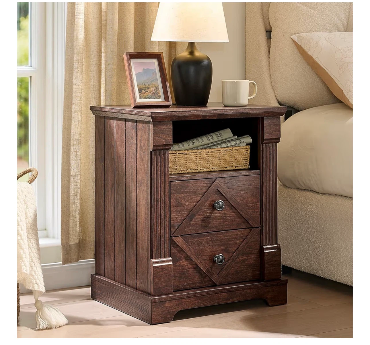 Rustic Dark Wood Nightstand with Charging Station