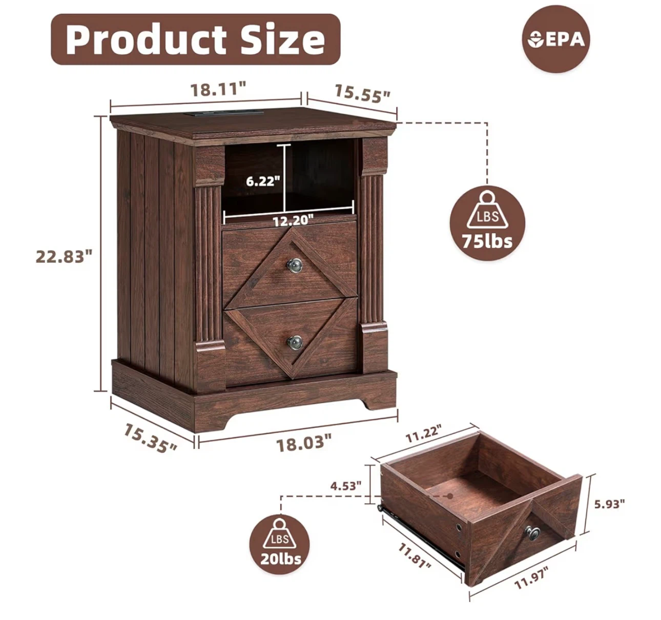 Rustic Dark Wood Nightstand with Charging Station - photo 2