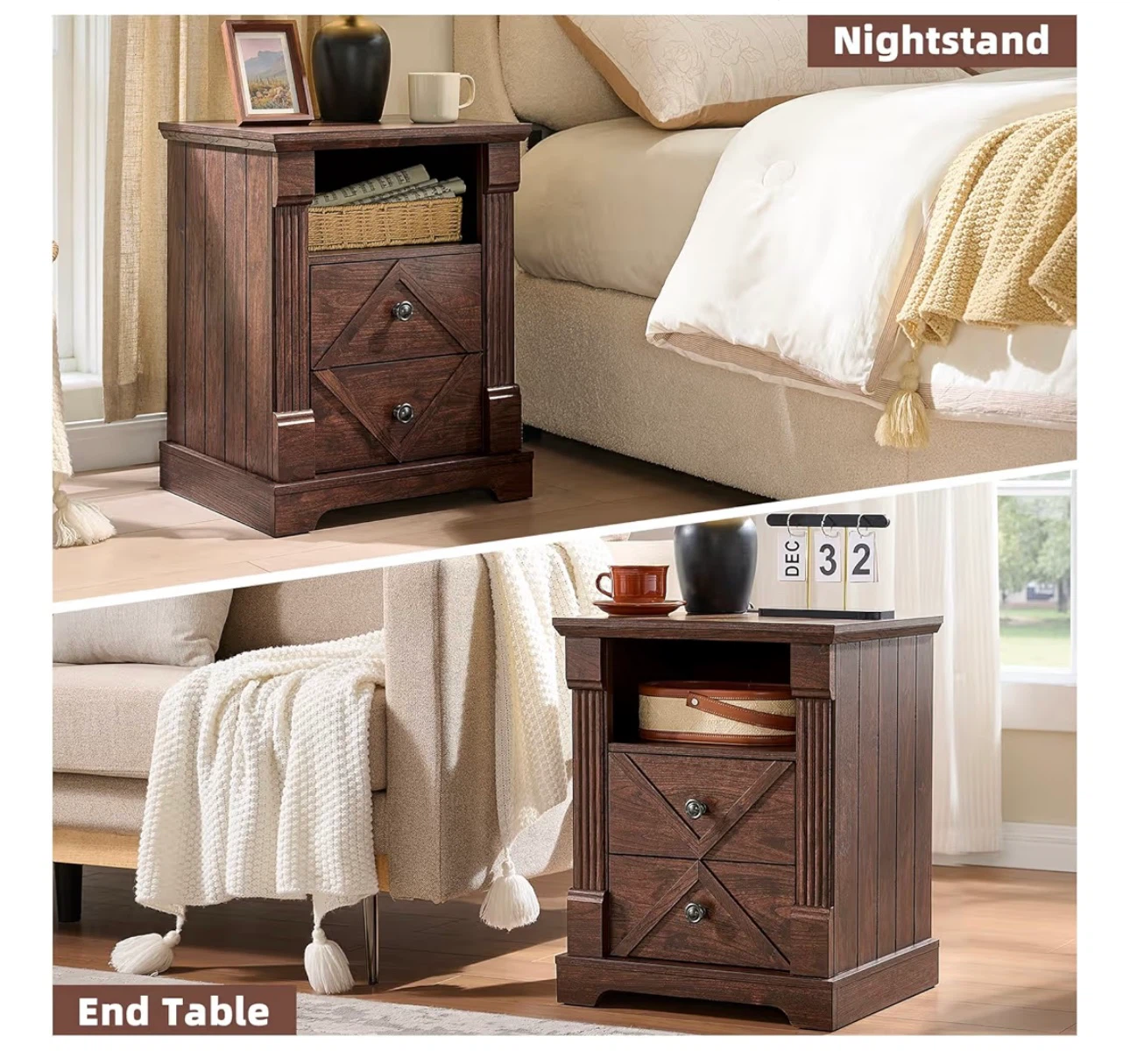 Rustic Dark Wood Nightstand with Charging Station - photo 3