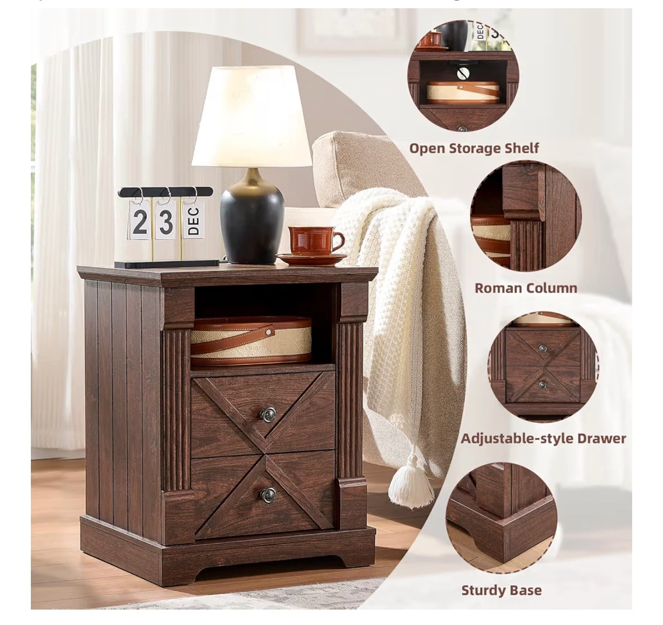 Rustic Dark Wood Nightstand with Charging Station - photo 4