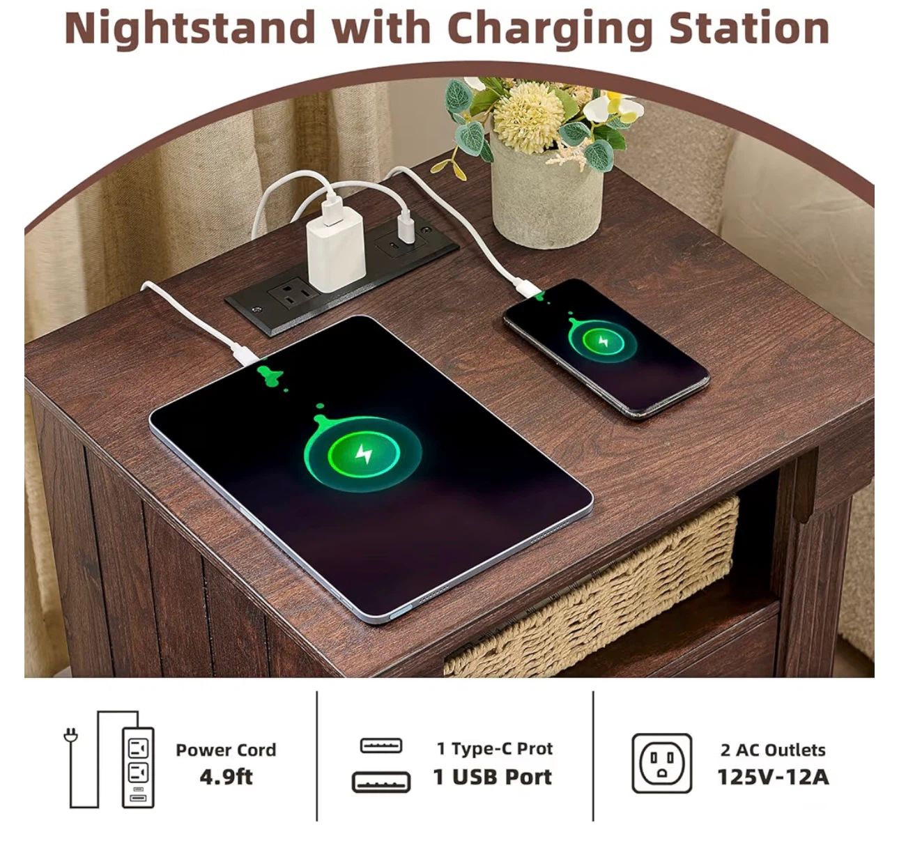 Rustic Dark Wood Nightstand with Charging Station - photo 5