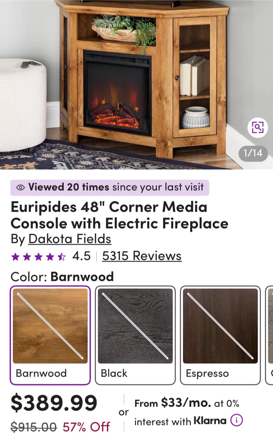Dakota Fields Euripides 48" Corner Media Console Fireplace