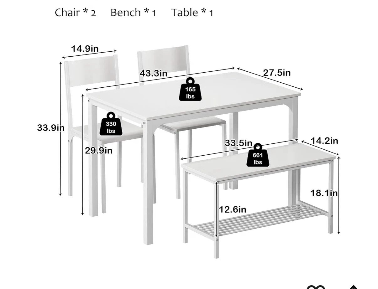 White 4-Piece Dining Set with Table, Bench, and 2 Chairs