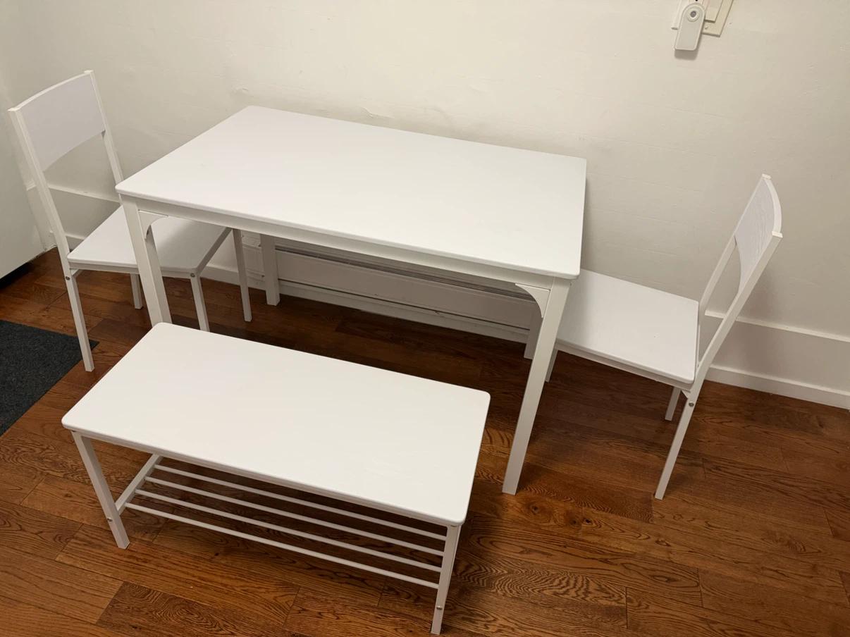White 4-Piece Dining Set with Table, Bench, and 2 Chairs - photo 2