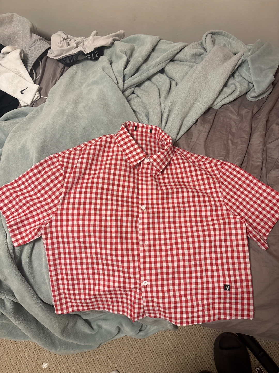 Red and White Gingham Button-Up Shirt