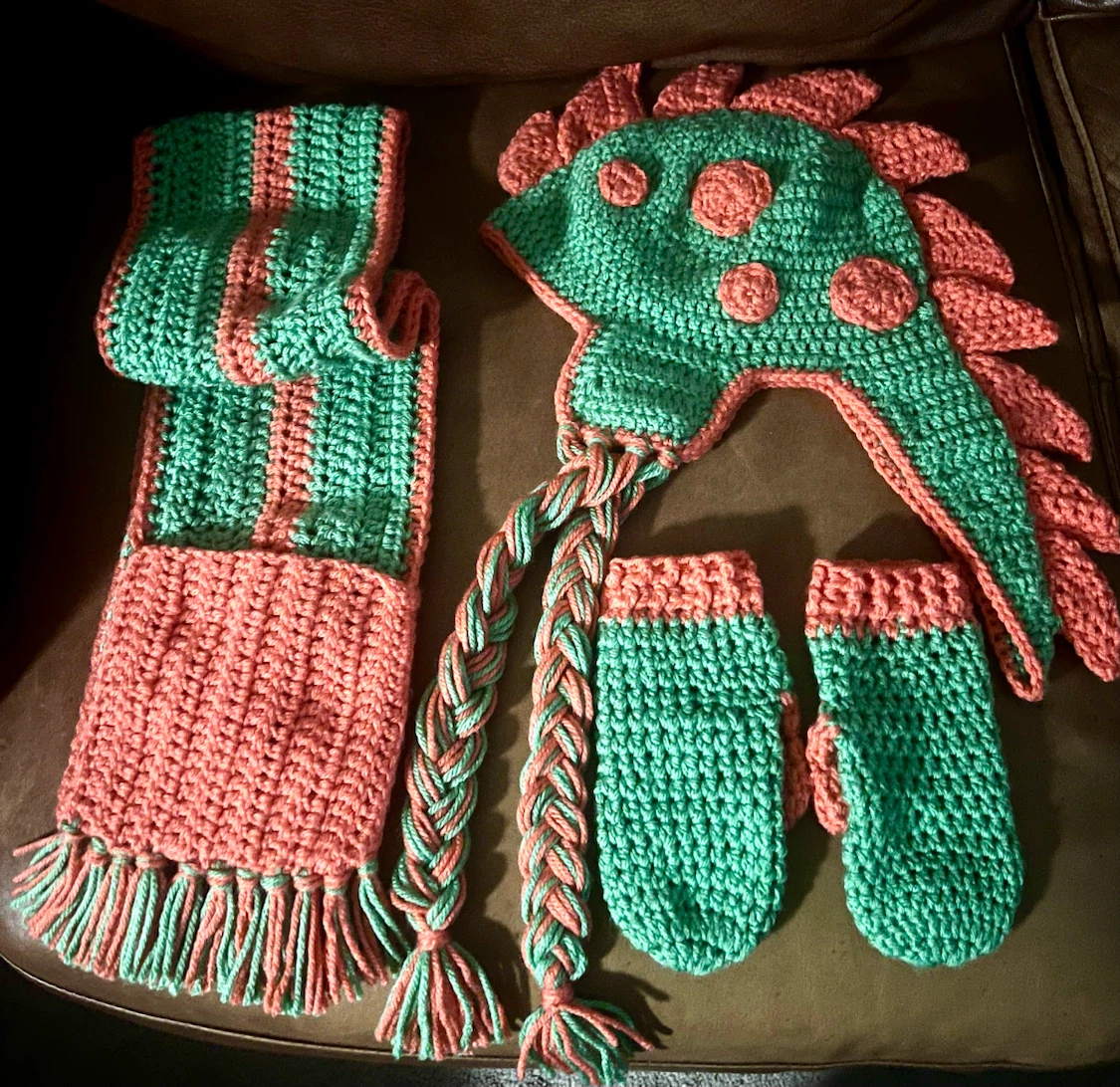 Crochet Dinosaur Hat Scarf and Mittens Set