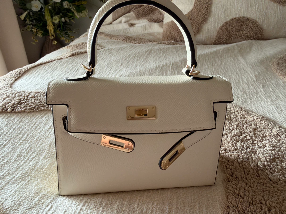 White Structured Handbag with Gold Hardware