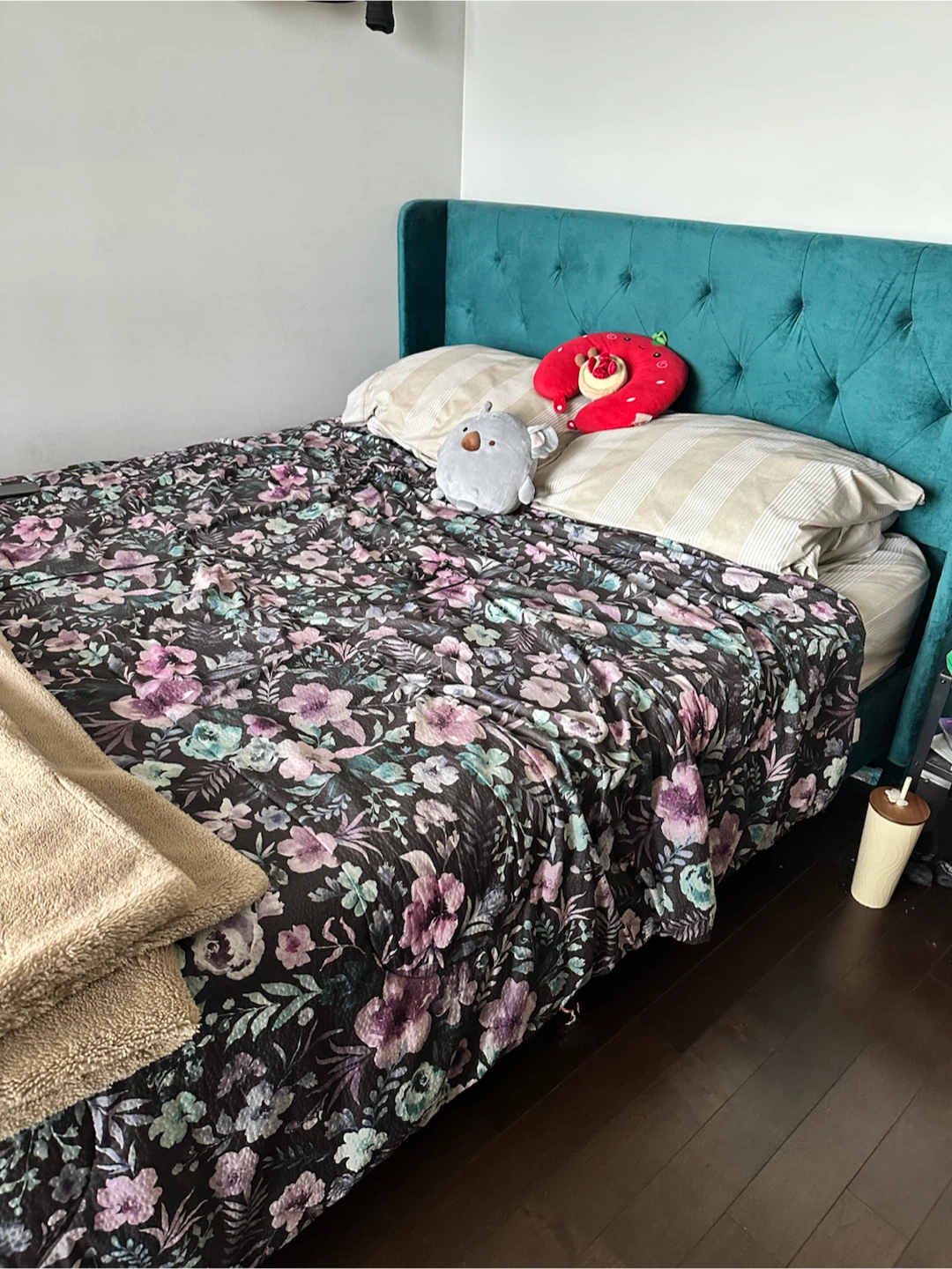 Teal Velvet Upholstered Queen Bed Frame with a firm mattress