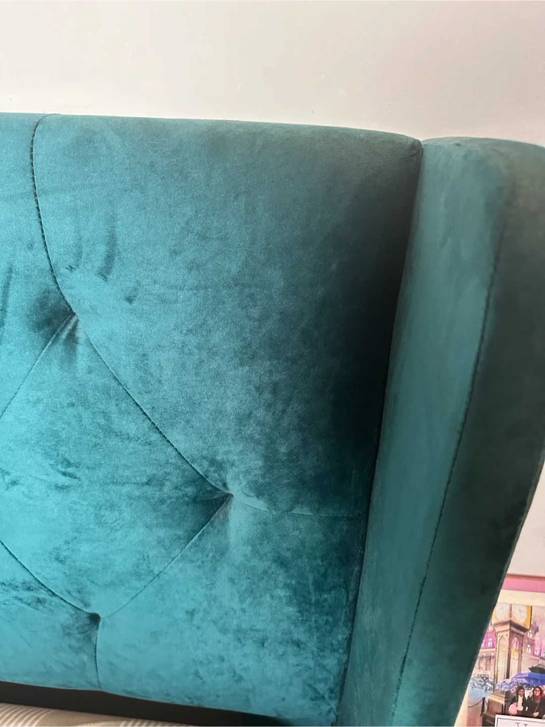Teal Velvet Upholstered Queen Bed Frame with a firm mattress - photo 3