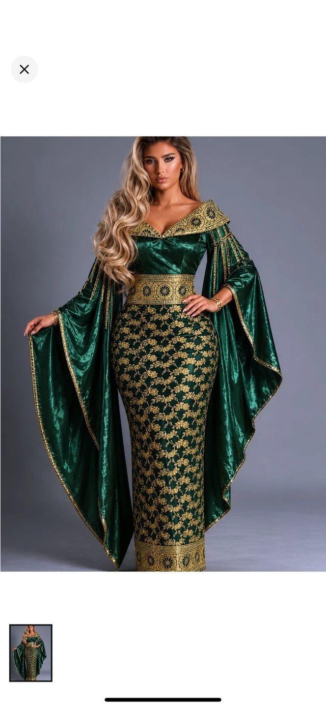 Green Velvet Gown with Gold Embroidery