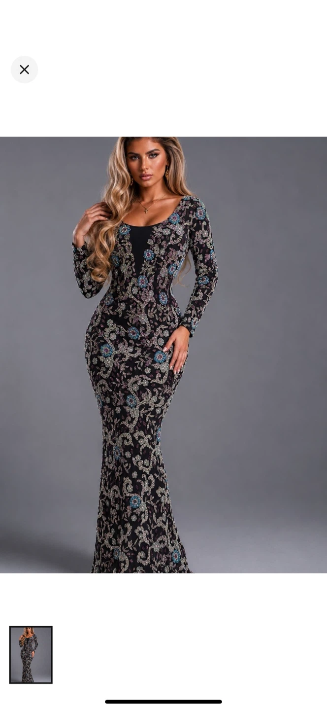 Black Long-Sleeve Beaded Gown