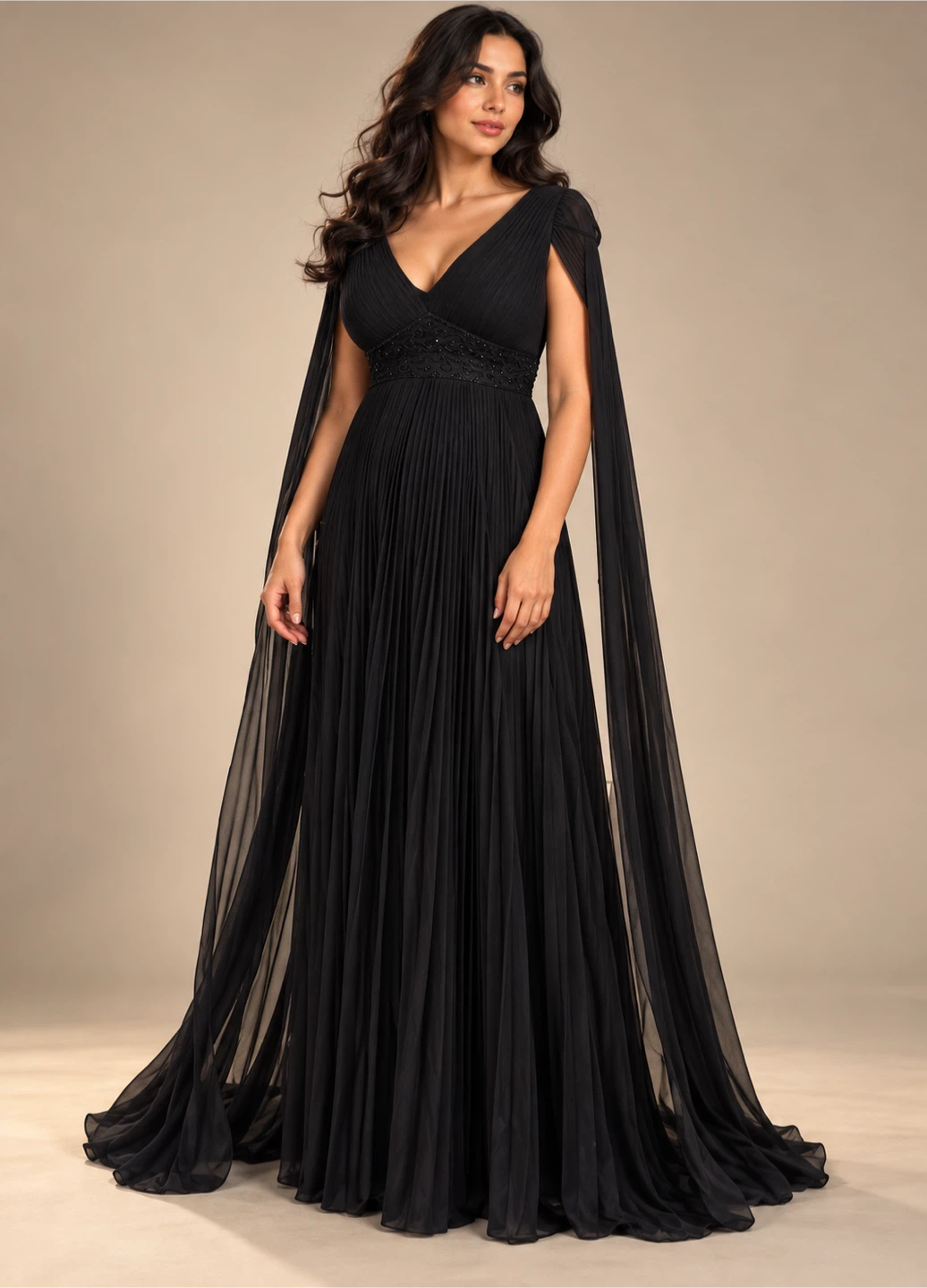 Black Pleated Evening Gown with Cape Sleeves