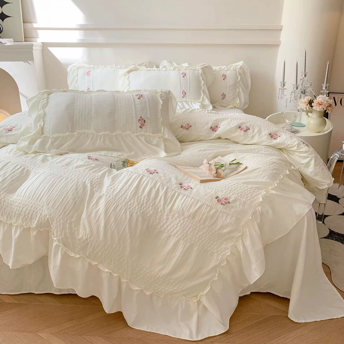 Korean Lace Quilt Set with Elegant Embroidery